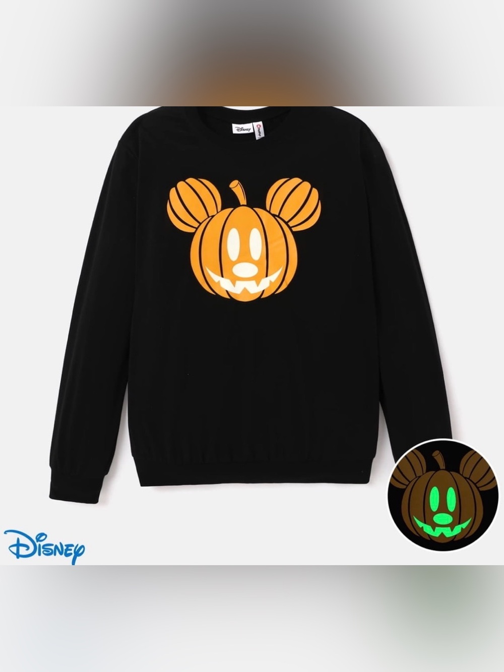 Disney Black Sweatshirt with Orange Mickey Pumpkin Graphic - glows in the dark!